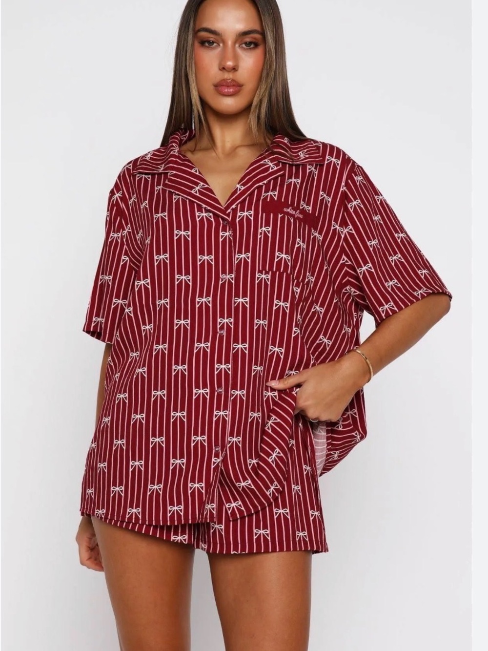 White Fox Burgundy Bow-Print Pajama Set